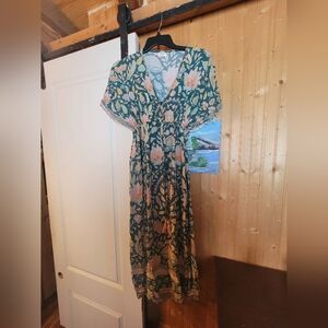 Mira Tropical Batik Green And Coral Floral Kaftan Dress